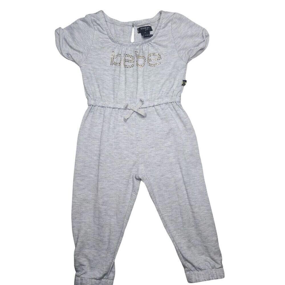 Bebe Girls Gray Jumpsuit Size 3T Short Sleeve Rhinestone Logo Romper Toddler